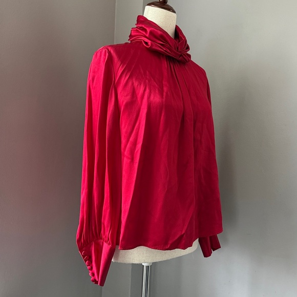 VTG Red Silk Satin Balloon Button Sleeve Blouse L - Picture 4 of 14